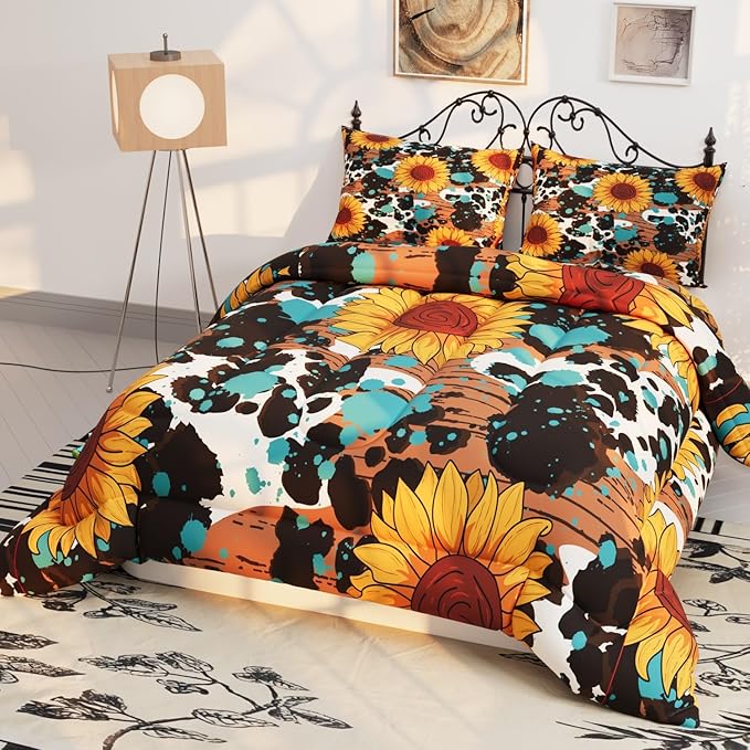 Sunflower Comforter Set, 3D Black Cow Theme Pattern for Kids Teens Adults,Decorative Bedding Comforter Sets with 2 Pillow Shams, King Size