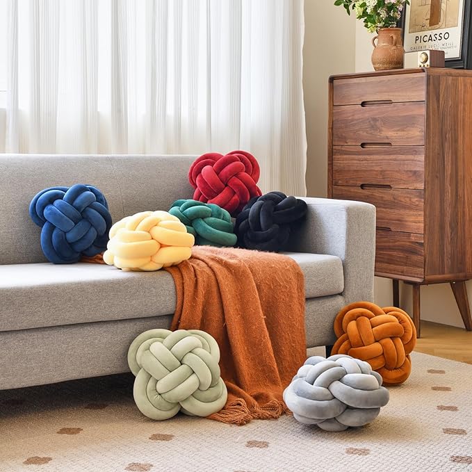 Xuyier Knot Pillow Ball, Decorative Throw Pillows with Velvet Fabric for Couch Bed, 12" Decor Knotted Square Floor Pillow Cushions for Living Room (12 Inches, Light Grey)