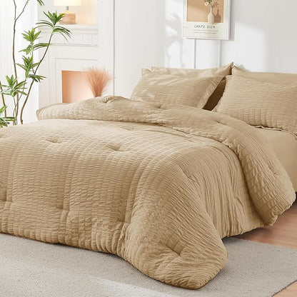 HYMOKEGE Khaki California King Comforter Set Seersucker 7 Pieces, All Season Luxury Bed in a Bag for Bedroom, Bedding Set with Comforter, Sheets, Pillowcases & Shams