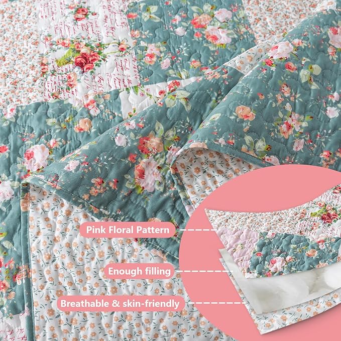 BEDIFANY French Style King Size Quilt Set for Farmhouse - 3 Pieces Cotton Filling Garden Lightweight Bedspreads King with Floral Pattern - All Season Quilt Bedding Sets for Decorations