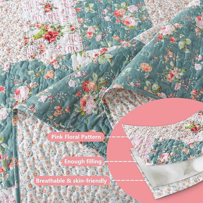 BEDIFANY French Style Queen Size Quilt Set for Farmhouse - 3 Pieces Cotton Filling Garden Lightweight Bedspreads Queen with Floral Pattern - All Season Quilt Bedding Sets for Decorations