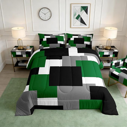 Castle Fairy Green Grey Black Bedding Set for Boys Girls,Geometric Grid Square Splicing All Season Cozy Comforter Set Full Size,Modern Abstract Art Duvet Set Bedroom Decor,Festival Gifts