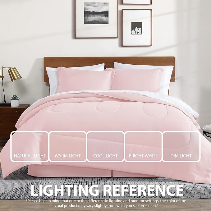Cathay Home Basic Bedding Home Essential Ultra Soft Lightweight 8PC Wrinkle Resistant Microfiber Bed in a Bag Set (Includes Complete Sheet Set, Comforter Set & Bedskirt) - Queen, Rose Blush