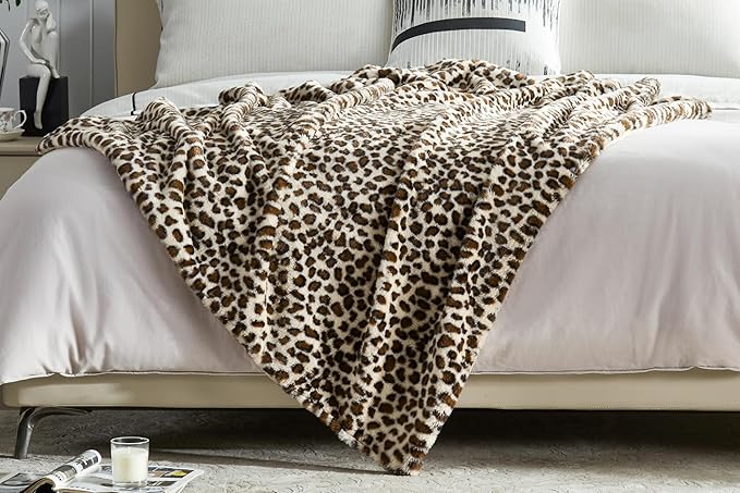 JONIYEAR Cozy Plush Brown Cheetah Faux Rabbit Fur Throw Blanket 50" x 60",Decorative Thick Fuzzy Leopard Lap Blankets for Women, Soft Fluffy Animal Printed Warm Shaggy Blanket for Winter Fall, Beige