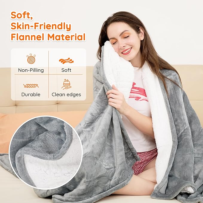 Mia&Coco Heated Throw Blanket - 50"x60" Flannel Electric Blanket, 6 Heat Levels, 10-Hour Auto-Off, Fast Heating, Overheat Protection, Machine Washable, Soft Heated Blanket for Home and Office (Gray)