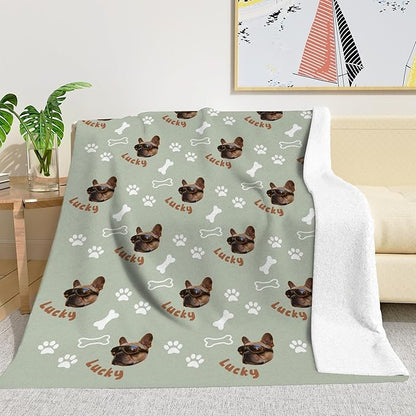 Custom Blanket with Funny Dog Face & Name Personalized Soft Warm Fleece Throw Blankets with Paw Bones Customized Throws for Couch Bed Sofa Unique Gifts for Dog Dad Mom Pet Lovers
