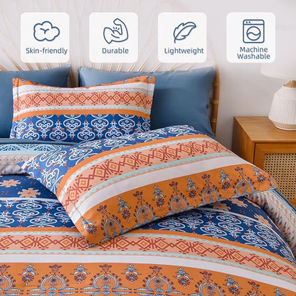 WONGS BEDDING Boho Comforter Set Queen, Blue and Orange Bedding Set 7 Pieces Bed in a Bag Bohemian Striped Bedding Comforter Sets Soft Microfiber Comfortet and Sheet Set for All Season