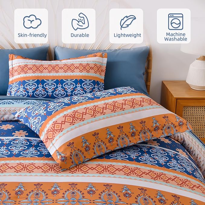 WONGS BEDDING Boho Comforter Set King, Blue and Orange Bedding Set 7 Pieces Bed in a Bag Bohemian Striped Bedding Comforter Sets Soft Microfiber Comfortet and Sheet Set for All Season
