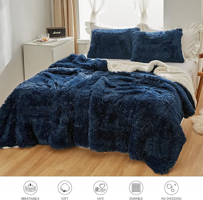 Joyreap 3-Piece Plush Shaggy Comforter Set, Full/Queen Size Luxury Faux Fur Sherpa Reversible Bedding Comforter Set, Ultra Cozy Warm Fluffy Bedding Set for Winter (Navy, 88x88 inches)