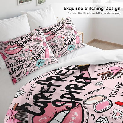 Comforter Set Twin Size, Makeup Pink Queen Soft 2 Pcs Bedding for Kids and Adults, Women Diamond Cute Comforter Set with Pillowcase, for Bedroom Bed Decor