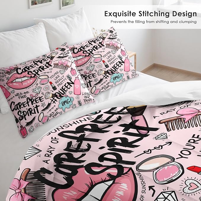 Comforter Set Queen Size, Makeup Pink Queen Soft 3 Pcs Bedding for Kids and Adults, Women Diamond Cute Comforter Set with Pillowcase, for Bedroom Bed Decor