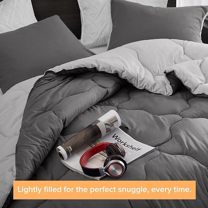 Comfort Spaces Comforter Set Vibrant Reversible Comforters King Size Quilted Bedding Set, All Season Lightweight Bedding, Soft Microfiber Comforter, Vixie, Grey/Light Grey King 3 Piece