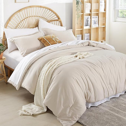 weigelia King Size Comforter Set 7 Pieces Beige Comforter Set Bed in a Bag Soft Microfiber King Bedding Set with Sheets, Pillow Shams and Pillowcases for All Season