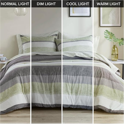 Madison Park Essentials Jaxon Twin Comforter Set, Bed in A Bag Comforter & Sheet Set, Modern Casual Stripes Print, All Seasons, Soft Bedding Makeover, Matching Sham, Twin Green/Grey 5 Piece
