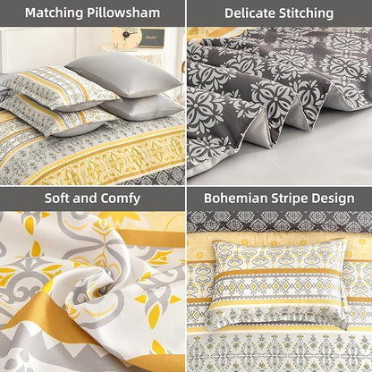 WONGS BEDDING Boho Comforter Set Queen Size,7 Pieces Bed in a Bag Bohemian Striped Bedding Set,Yellow Paisley Floral Comfortet and Sheet Set,Soft Microfiber Bedding Sets for All Season