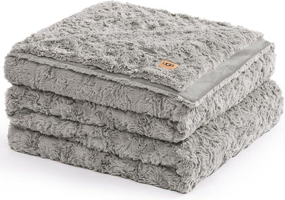 UGG Faux Fur Full/Queen Blanket, Double-Sided Fluffy Blanket, Cozy Oversized Throw for Couch, Washable Bedding for Full or Queen Bed, Luxury Home Decor, 90" x 90", Seal Grey (Adalee)