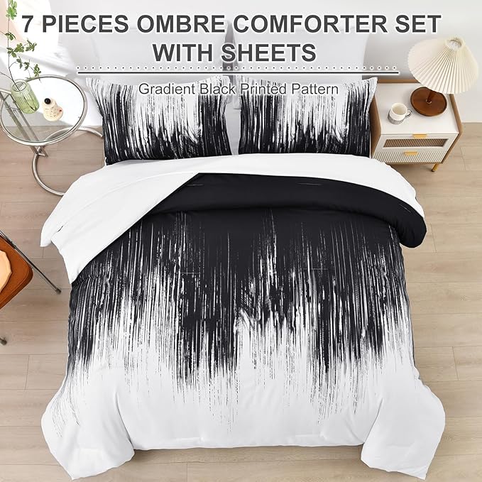 Dinjoy Ombre Black Comforter Set Full Size Gradient Black White Boho Bedding Set for Teen Men Women 7 Pieces Bed in A Bag Bohemian Bed Set with Comforter, Sheets, Pillowcases & Shams