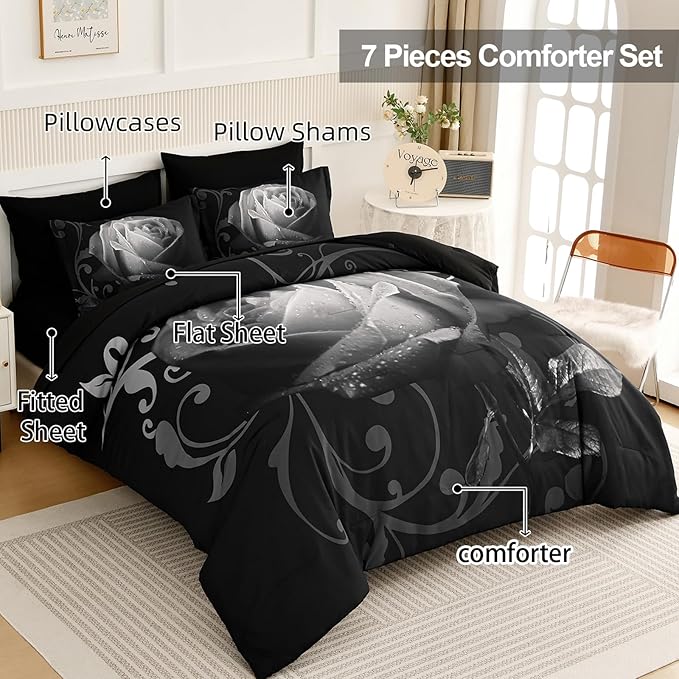 Xruibed Floral Comforter Queen Black Bed in a Bag Rose 7PCs Comforter Set Soft Micorfiber Bedding Set (1 Comforter,2 Pillow Shams,1 Flat Sheet,1 Fitted Sheet,2 Pillowcases)