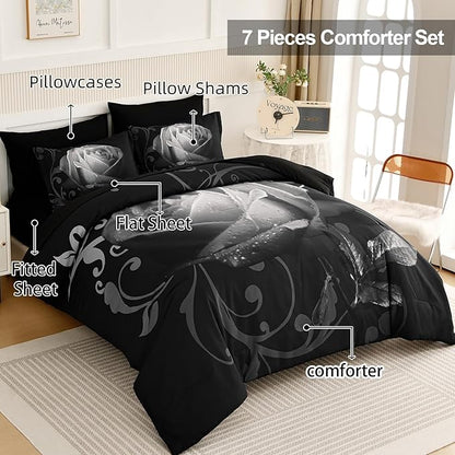 Xruibed Floral Comforter King Black Bed in a Bag Rose 7PCs Comforter Set Soft Micorfiber Bedding Set (1 Comforter,2 Pillow Shams,1 Flat Sheet,1 Fitted Sheet,2 Pillowcases)