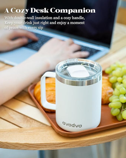 12oz Insulated Coffee Mug with Lid – Includes Two Lids, Stainless Steel Coffee Travel Mug with Handle, Double Wall Vacuum Insulated Camping Mug for Home, Office & Outdoor, White