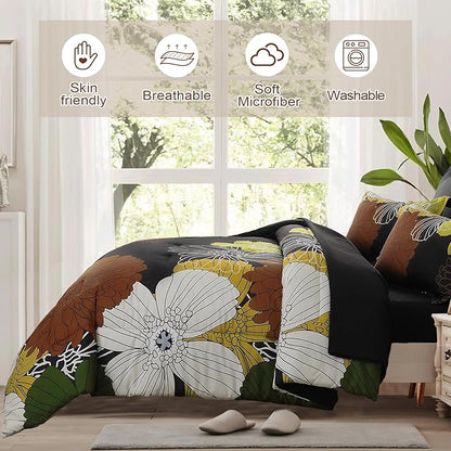 Yiran 7 Pieces Boho Floral Comforter Sets Black Brown Yellow Lightweight Comforter Bed in a Bag Flowers Microfiber Bedding Set for All Season,King Size 104''x90''