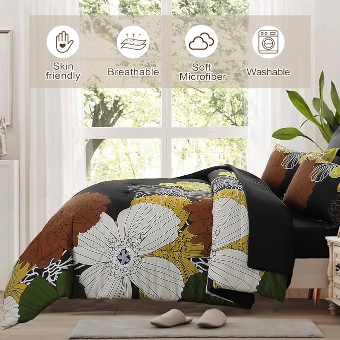 Yiran 7 Pieces Boho Floral Comforter Sets Black Brown Yellow Lightweight Comforter Bed in a Bag Flowers Microfiber Bedding Set for All Season,Queen Size 90''x90''