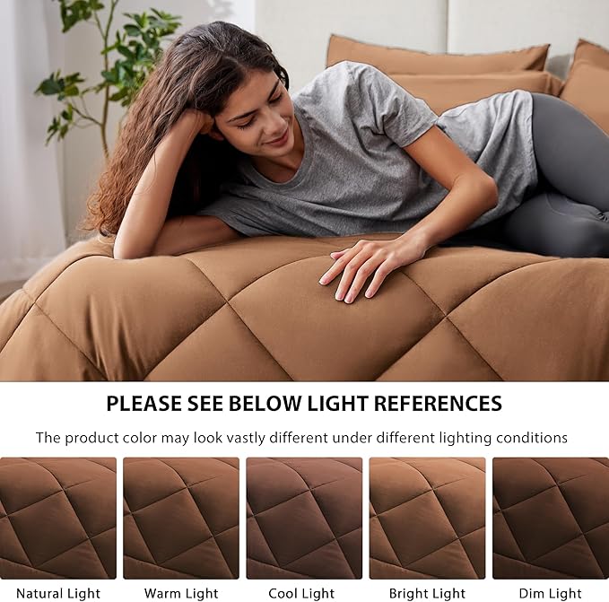 Love's cabin Queen Comforter Set Mocha Mousse, 7 Pieces Queen Bed in a Bag, All Season Bedding Sets with 1 Comforter, 1 Flat Sheet, 1 Fitted Sheet, 2 Pillowcase and 2 Pillow Sham