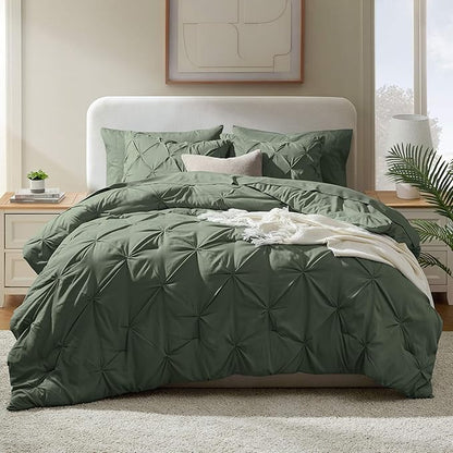 Nestl Pinch Pleated Comforter Set - 7 Piece Olive Green Bed in a Bag, All Season King Bedding Set with Flat Sheet, Fitted Sheet, Pillowcases and Shams