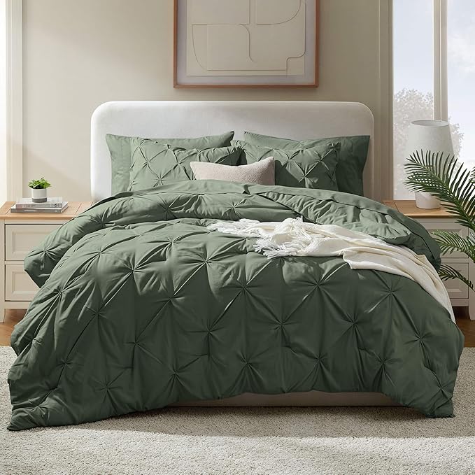 Nestl California King Comforter Set 7 Piece - Pintuck Cal King Comforter Set Olive Green, California King Bed in a Bag, All Season Bed Set with Flat Sheet and Fitted Sheet, Pillowcases and Shams