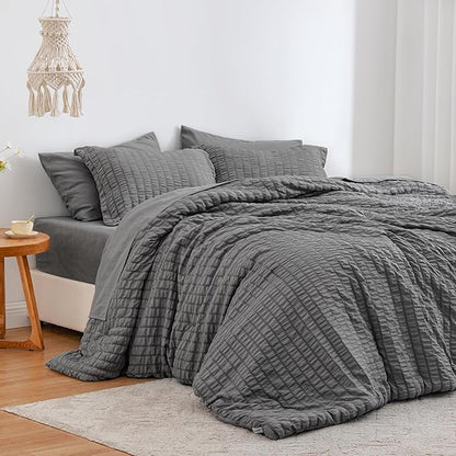 Love's cabin Seersucker Dark Grey California King Comforter Set, 7 Pieces California King Bed in a Bag, All Season Bedding Sets with Comforter, Flat Sheet, Fitted Sheet, Pillowcase and Pillow Sham | Soft, Breathable, Lightweight