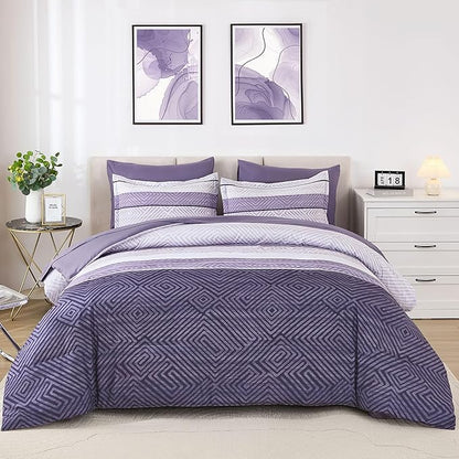 Drucon Purple Comforter Set King Size 7 Piece Bed in a Bag, Boho Striped Bedding Set, Soft Microfiber Comforter and Sheet Set for All Season (King, 104"x90")