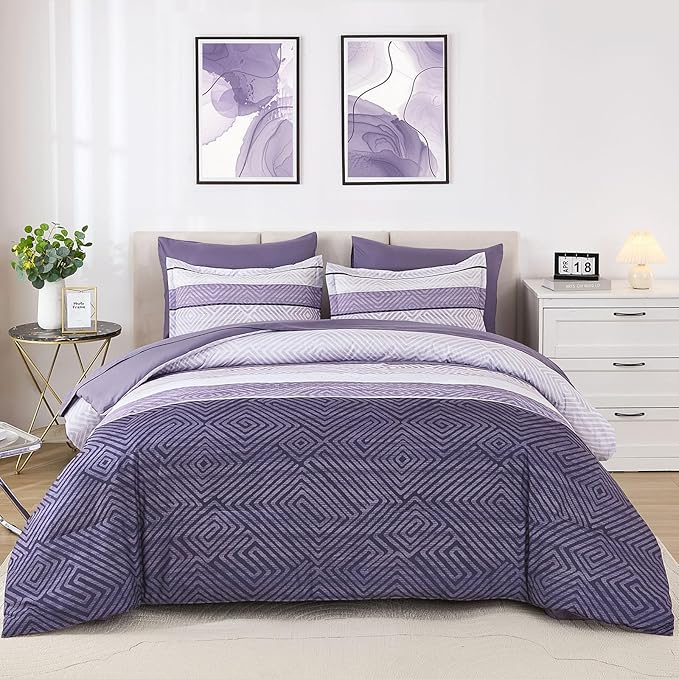 Drucon Purple Comforter Set Queen Size 7 Piece Bed in a Bag, Boho Striped Bedding Set, Soft Microfiber Comforter and Sheet Set for All Season (Queen, 90"x90")