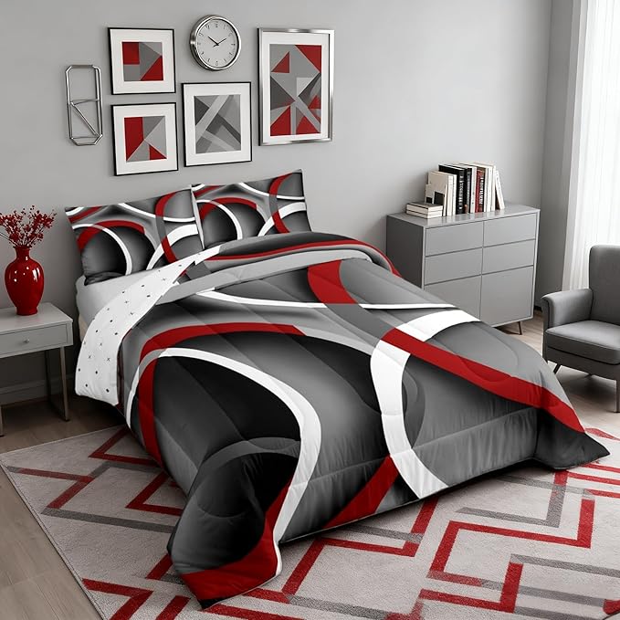 Circle Comforter Set Twin Size for Boys Kids Gray Black Red Swirls Room Decor Abstract Stripes Teens Bedroom Retro Style Bedding Set 1 Comforter with 1 Pillow Case, Lightweight Warm Soft