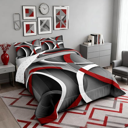 Circle Comforter Set Twin Size for Boys Kids Gray Black Red Swirls Room Decor Abstract Stripes Teens Bedroom Retro Style Bedding Set 1 Comforter with 1 Pillow Case, Lightweight Warm Soft