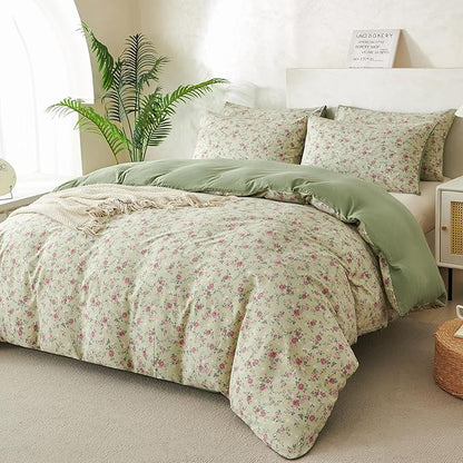 Floral Comforter Queen Set 3 Pieces Soft Cute Fresh Floral Bedding Lightweight Garden Style Floral Botanical Comforter for All Seasons and 2 Pillowcases