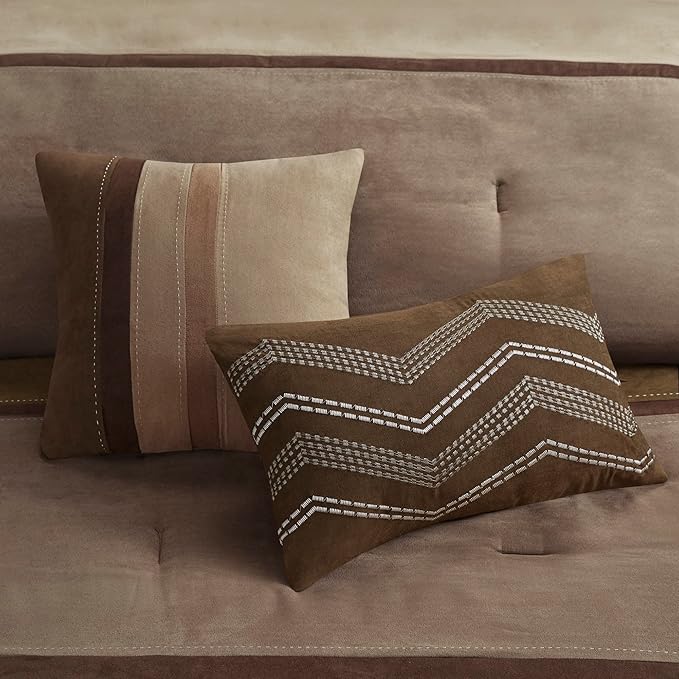 Madison Park Palisades Comforter Set Modern Faux Suede Pieced Stripe Design, All Season Down Alternative Cozy Bedding with Matching Shams, Decorative Pillows, Cal King(104"x92"), Brown 7 Piece
