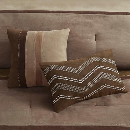 Madison Park Palisades Comforter Set Modern Faux Suede Pieced Stripe Design, All Season Down Alternative Cozy Bedding with Matching Shams, Decorative Pillows, Cal King(104"x92"), Brown 7 Piece