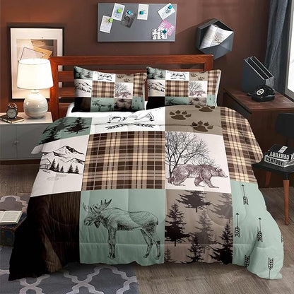 LUVIVIHOME 3PCS Farmhouse Cabin Comforter Set, Brown Plaid Sage Green Full Size Comforter, Bear Deer Moose Woodland Forest Animal Wildlife Lodge Country Rustic Bedding Patchwork Quilt, 2 Pillow Shams
