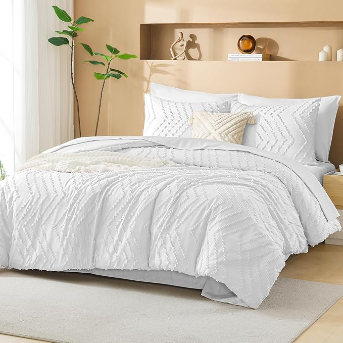 Litanika White Comforter Queen Size Set with Sheets - 7 Pieces Boho Bed in a Bag Chevron Tufted Complete Bedding Sets Lightweight All Season Bed Set with Comforter, Sheets, Pillowcases & Shams