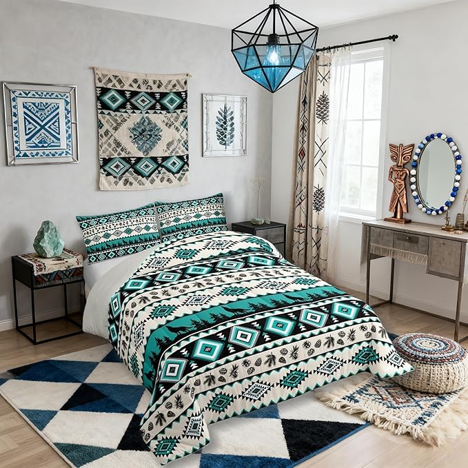 Aztec Geometric Comforter Set Full Size,Southwest Tribal Ethnic Kids Bedding Set,Wolf Rustic Cabin Quilt Comforter,Beige Retro Duvet Insert,2 Pillowcases