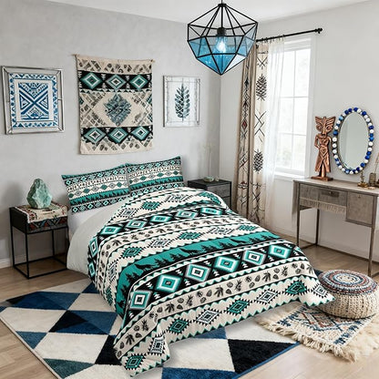 Aztec Geometric Comforter Set Full Size,Southwest Tribal Ethnic Kids Bedding Set,Wolf Rustic Cabin Quilt Comforter,Beige Retro Duvet Insert,2 Pillowcases