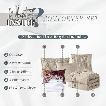 Elegant Comfort 12-Piece Bed-in-a-Bag, Ella Pleated Ruched Pintuck Comforter Set, 6-Piece Sheet Set Featuring Smart Pockets, Matching Decorative Pillows, All Season Bedding, California King, Linen