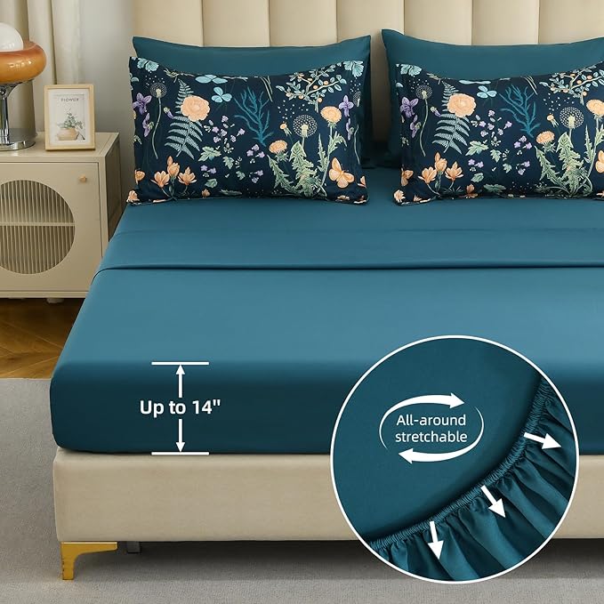 Yiran Floral Full Size Comforter Set, 7 Piece Peacock Blue Comforter Bedding Set, Spring Bed in a Bag with Botanical Flowers Pattern, Soft Microfiber Complete Bedding Set with Sheets for All Season