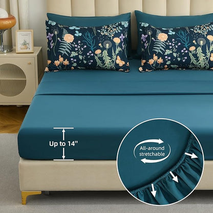 Yiran Floral Full Size Comforter Set, 7 Piece Peacock Blue Comforter Bedding Set, Spring Bed in a Bag with Botanical Flowers Pattern, Soft Microfiber Complete Bedding Set with Sheets for All Season