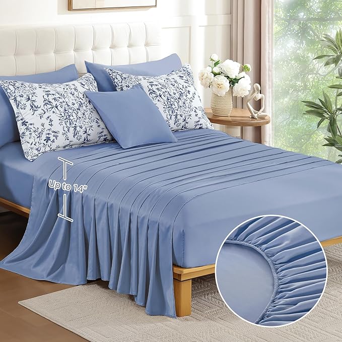 WONGS BEDDING Blue Floral Comforter Set Queen Size, 8 Pieces Flower Botanical Bed in a Bag Bedding Set, Soft Microfiber Comforter, Sheets, Pillowcases & Shams (90"x90")
