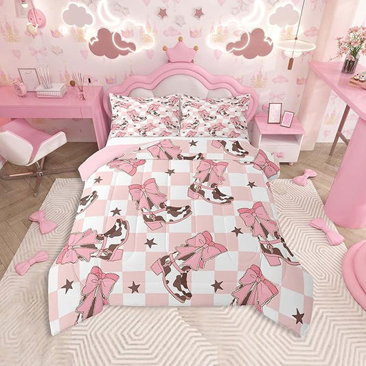 Feelyou Pink Western Bedding Set Cowgirl Cowboy Boots Comforter Set for Kids Boys Girls Teens Room Decor Cute Bowknot Dreamy Princess Style Comforter Toddler Size Plaid Duvet Set 2Pcs