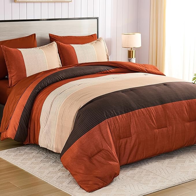 Anibedding Terracotta Queen Comforter Set 7 Pieces, Burnt Orange Bedding Comforter Set for All Season, Patchwork Striped Bed in a Bag with Sheets