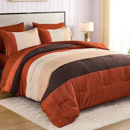 Anibedding Terracotta Queen Comforter Set 7 Pieces, Burnt Orange Bedding Comforter Set for All Season, Patchwork Striped Bed in a Bag with Sheets
