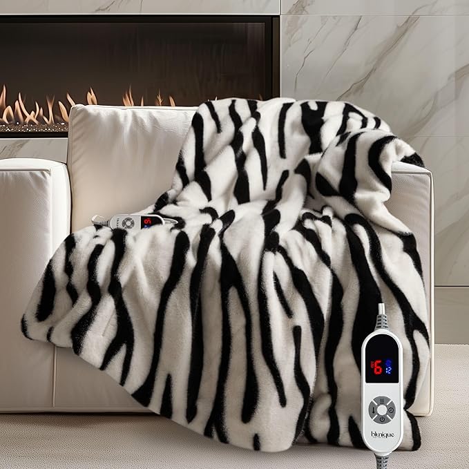 Luxury Faux Fur Heated Throw Blanket - Ultra Soft Plush Electric Blanket, 6 Heating Levels & 12 Hours Auto-Off, ETL Certified, Washable, Luxurious Gifts, Warm Neutral Abstract Stripe, 50''x60''