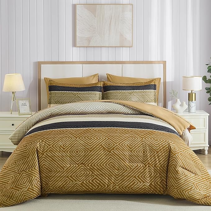 Drucon Brown Comforter Set Queen Size 7 Piece Bed in a Bag, Boho Striped Bedding Set, Soft Microfiber Comforter and Sheet Set for All Season (Queen, 90"x90")
